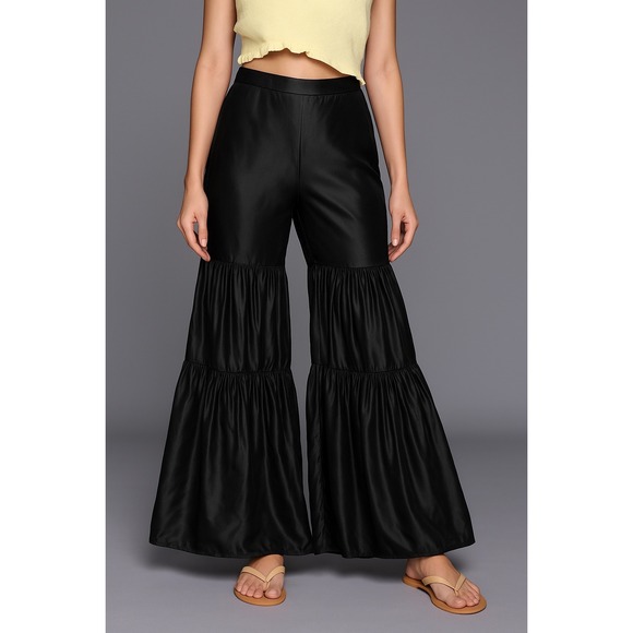 NWT Sani Satin Palazzo Pants Black Viscose Lined Wide-Leg Sz Small $200 - Picture 1 of 4